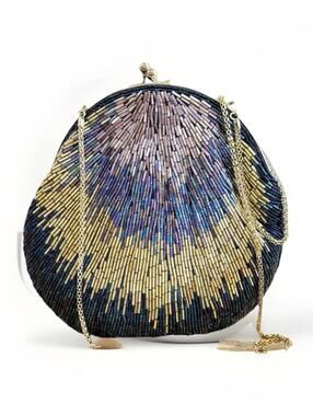 Vintage Art Deco La Regale Beaded Clutch Shoulder Strap Gold Tone Chain 1970s